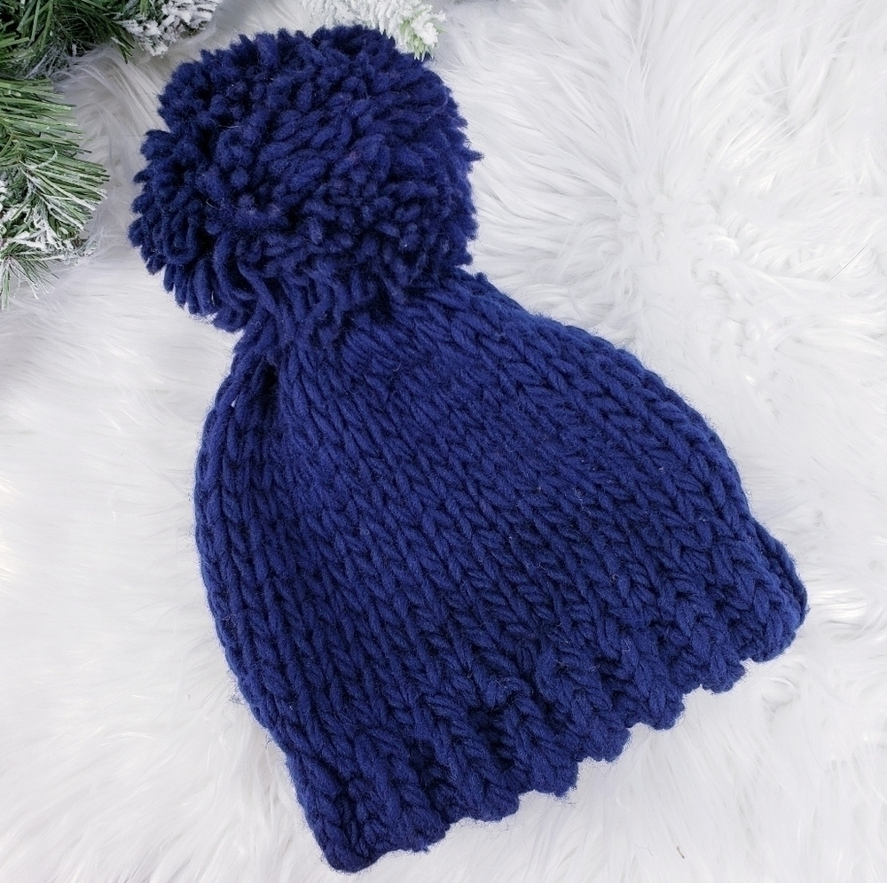 HAND Crafted Knit Navy Blue Pom Pom Beanie Hat…